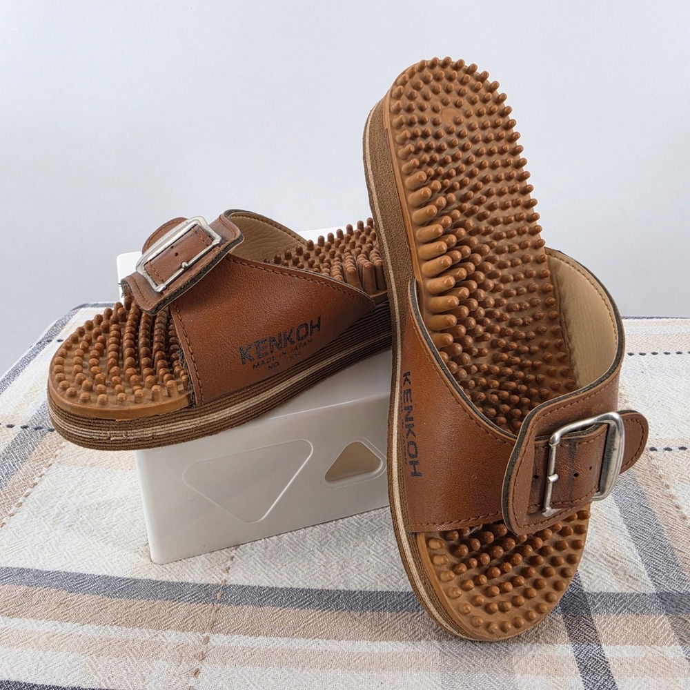 Kenkoh Chai V Massage Sandals Brown Leather Buckle Slide Japan Women's US Size 5